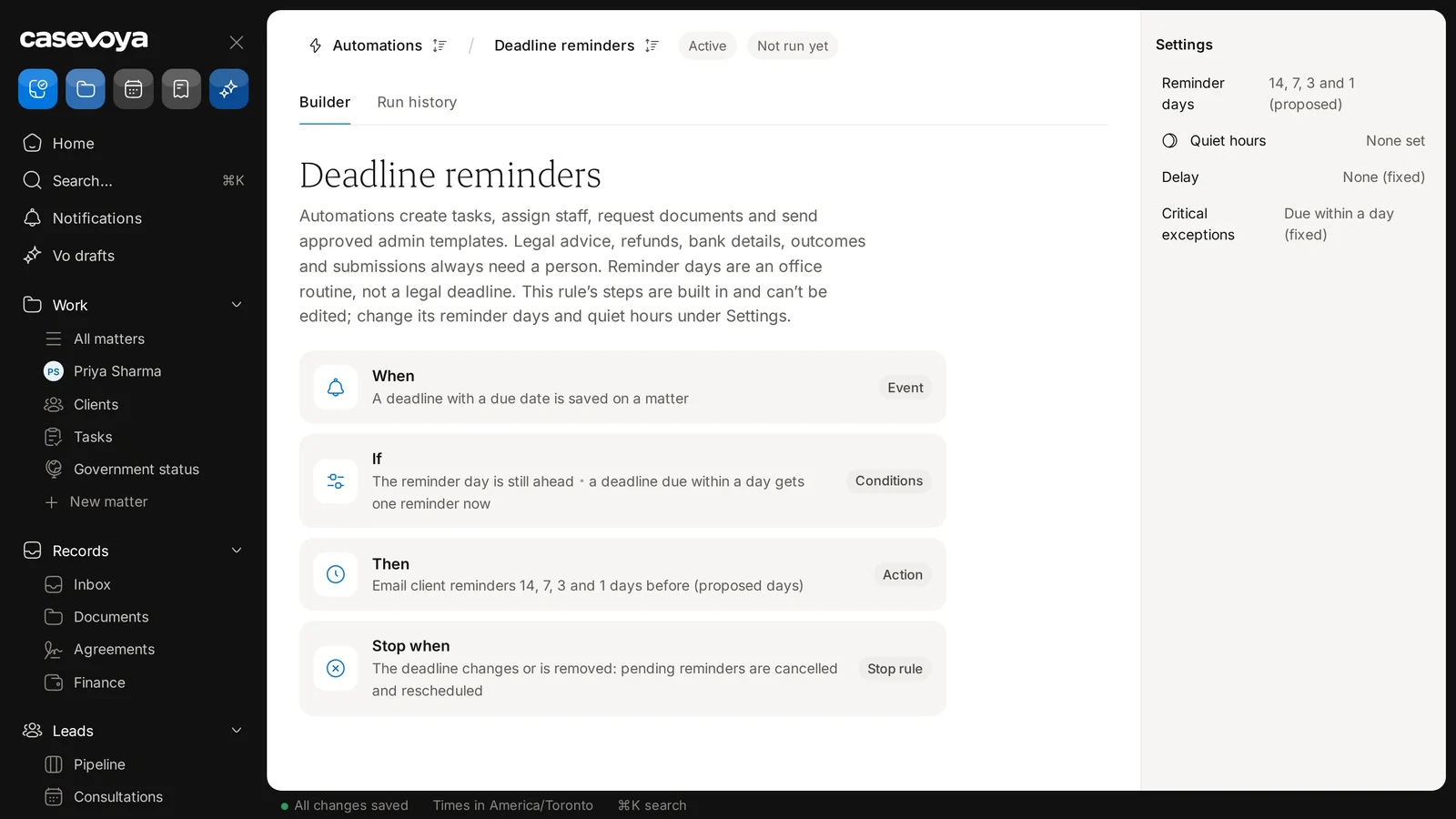 Deadline reminders settings: reminder days, quiet hours, delay and critical exceptions. Sample data.