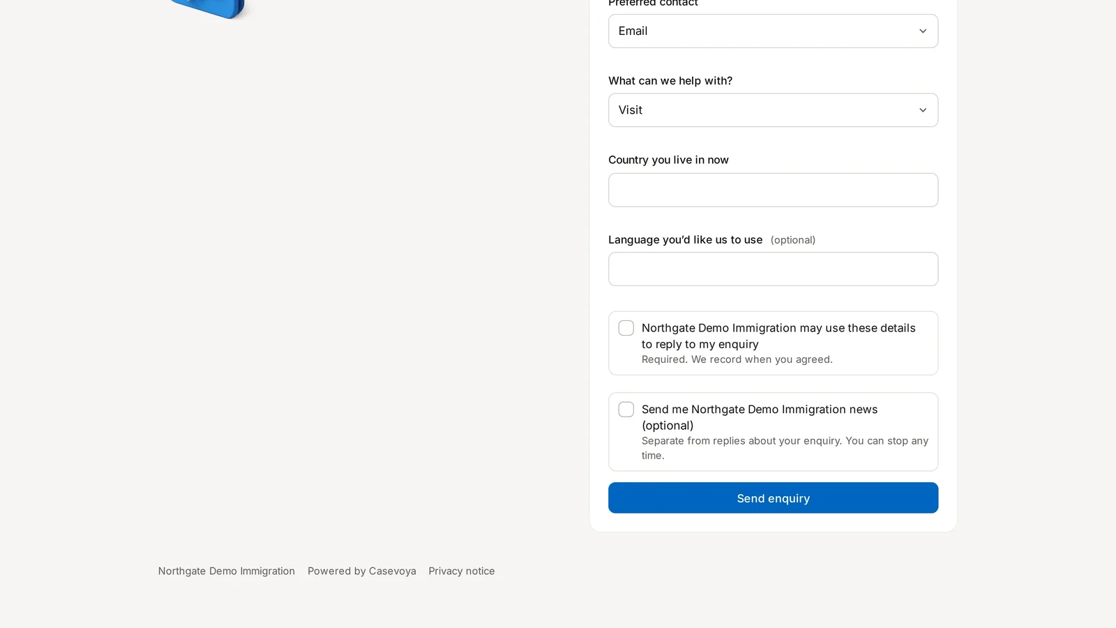 Screen: Send enquiry