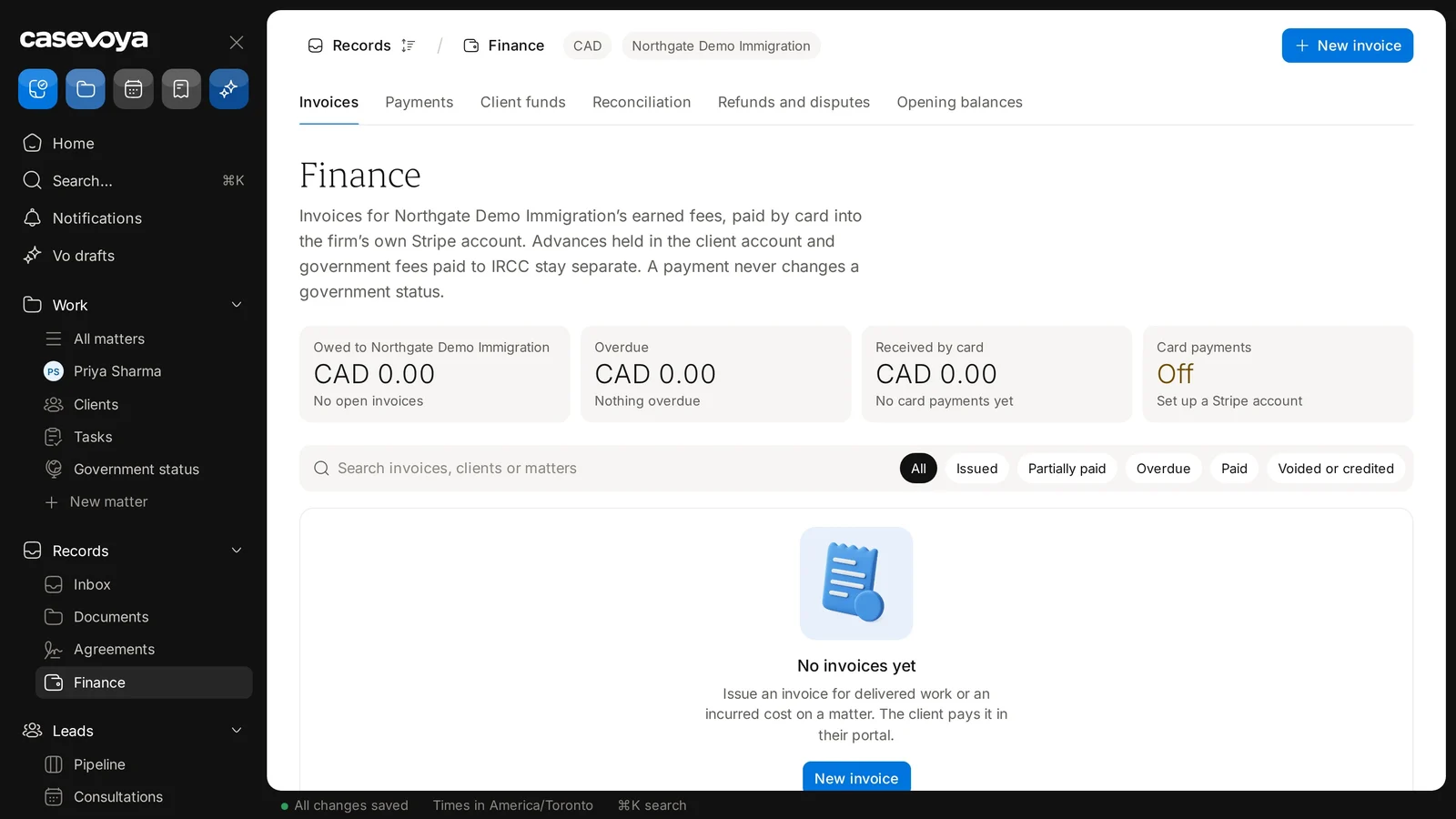 Filter invoices by state: Issued, Partially paid, Overdue, Paid, or Voided or credited. Sample data.