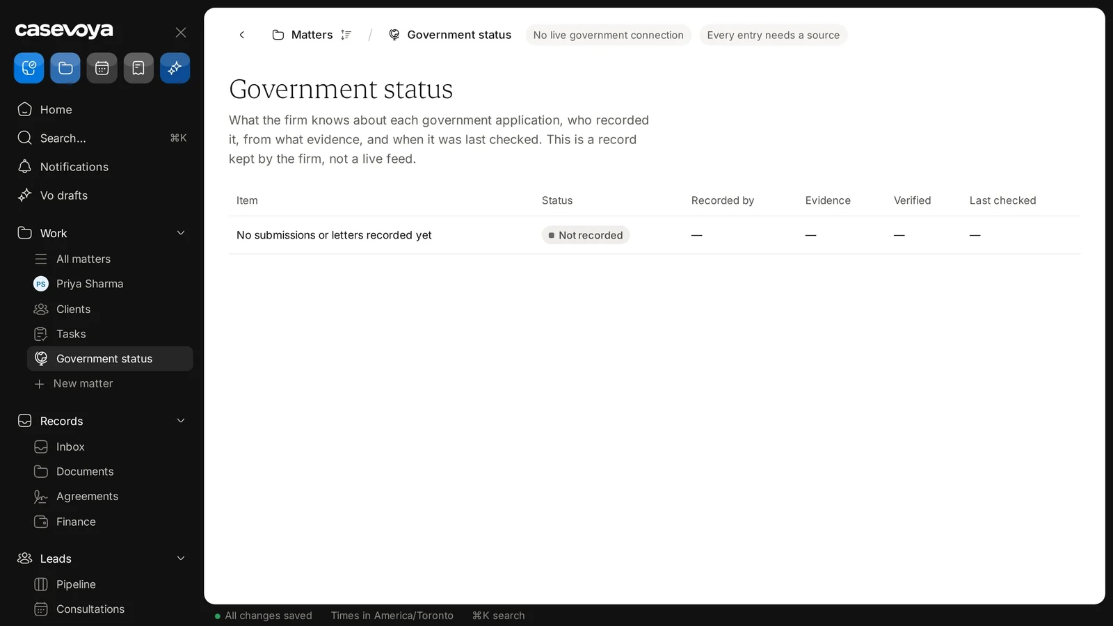 Each entry shows its evidence, whether it was verified and when it was last checked. Sample data.