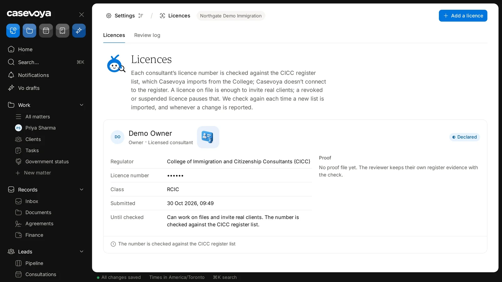 Screen: Licence details